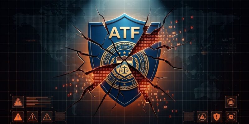 ATF shield badge with digital cracks representing the Qilin ransomware breach of ATF systems