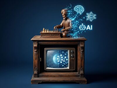 Amazon Mechanical Turk chess automaton dissolving into AI digital particles, symbolizing the platform shutting down