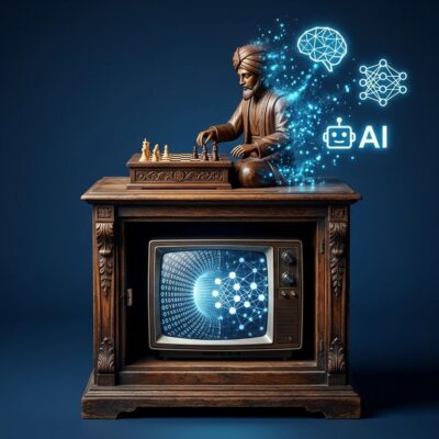 Amazon Mechanical Turk chess automaton dissolving into AI digital particles, symbolizing the platform shutting down