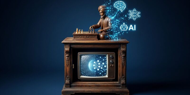 Amazon Mechanical Turk chess automaton dissolving into AI digital particles, symbolizing the platform shutting down