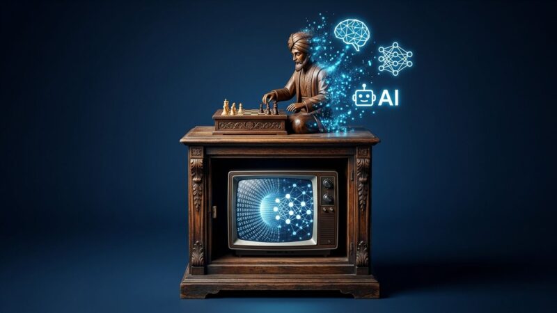 Amazon Mechanical Turk chess automaton dissolving into AI digital particles, symbolizing the platform shutting down