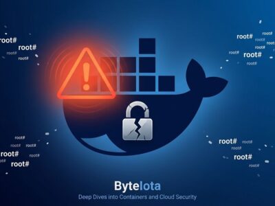 Docker whale logo with cracked padlock symbolizing Omarchy root escalation via docker group vulnerability