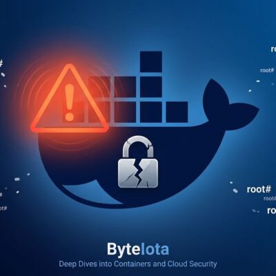 Docker whale logo with cracked padlock symbolizing Omarchy root escalation via docker group vulnerability