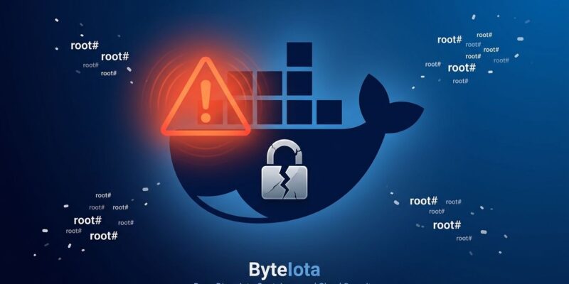 Docker whale logo with cracked padlock symbolizing Omarchy root escalation via docker group vulnerability