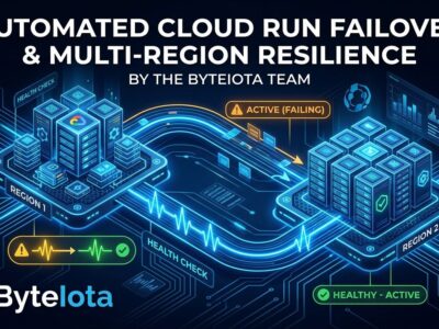 Cloud Run multi-region failover diagram showing two server nodes with health check signals and automatic traffic rerouting