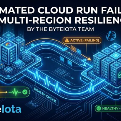Cloud Run multi-region failover diagram showing two server nodes with health check signals and automatic traffic rerouting