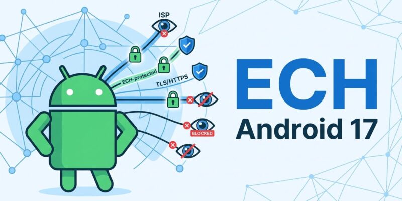 Android 17 Encrypted Client Hello ECH network privacy diagram showing encrypted TLS connections