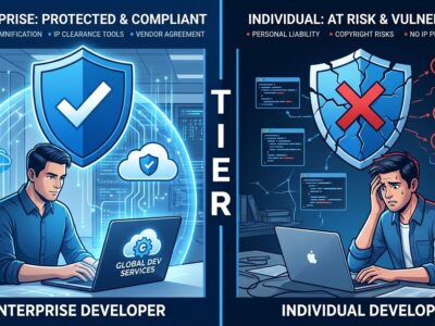 Split-screen showing enterprise developer with copyright protection shield versus unprotected individual developer, representing AI copyright indemnification tiers