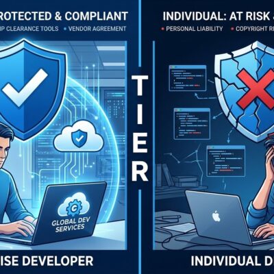 Split-screen showing enterprise developer with copyright protection shield versus unprotected individual developer, representing AI copyright indemnification tiers