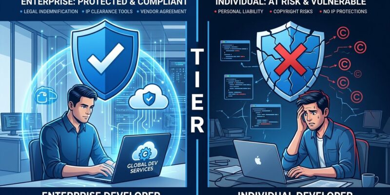 Split-screen showing enterprise developer with copyright protection shield versus unprotected individual developer, representing AI copyright indemnification tiers