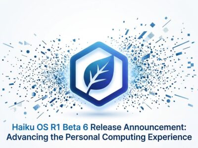 Haiku OS R1 Beta 6 release featuring Firefox support, Go 1.26.1 runtime, and NVMM virtualization — abstract blue gradient with Haiku leaf logo and tech icons