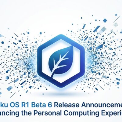 Haiku OS R1 Beta 6 release featuring Firefox support, Go 1.26.1 runtime, and NVMM virtualization — abstract blue gradient with Haiku leaf logo and tech icons