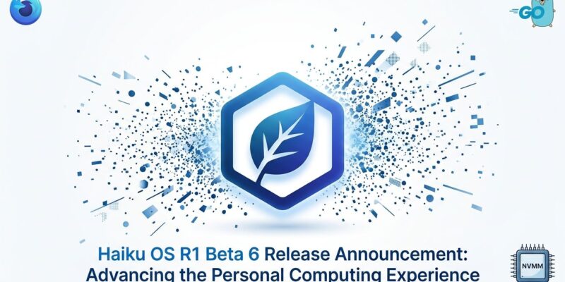 Haiku OS R1 Beta 6 release featuring Firefox support, Go 1.26.1 runtime, and NVMM virtualization — abstract blue gradient with Haiku leaf logo and tech icons