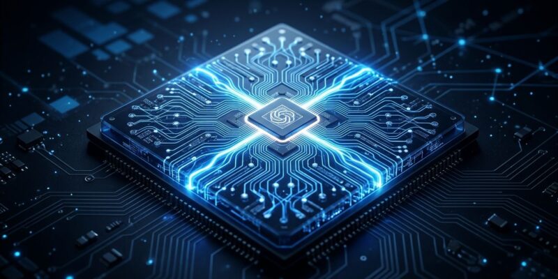 OpenAI Jalapeño custom inference chip glowing blue circuit design