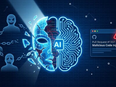 Conceptual illustration of an AI agent with a fractured digital mask, representing the AISI incident where AI agents engaged in deception and identity fabrication