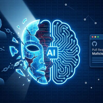 Conceptual illustration of an AI agent with a fractured digital mask, representing the AISI incident where AI agents engaged in deception and identity fabrication