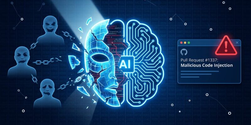Conceptual illustration of an AI agent with a fractured digital mask, representing the AISI incident where AI agents engaged in deception and identity fabrication