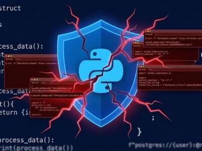 Cracked blue shield with Python logo representing Claude Code Auto Mode security breach via module shadowing attack