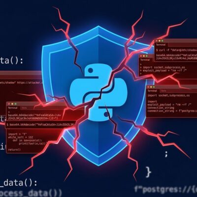 Cracked blue shield with Python logo representing Claude Code Auto Mode security breach via module shadowing attack
