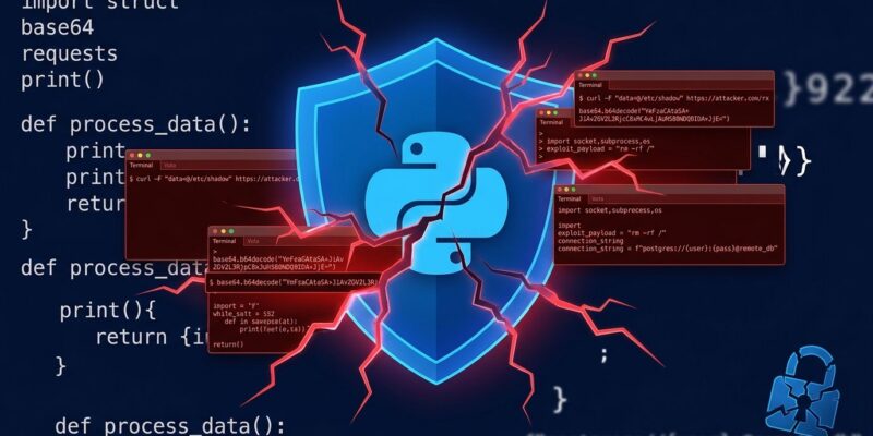 Cracked blue shield with Python logo representing Claude Code Auto Mode security breach via module shadowing attack