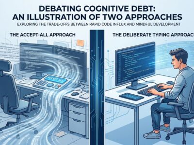 Developer retyping LLM-generated code deliberately versus accepting AI output blindly — split-screen visualization of cognitive debt