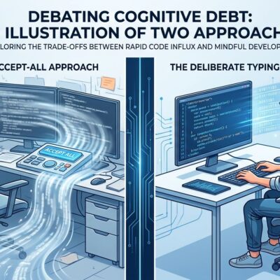 Developer retyping LLM-generated code deliberately versus accepting AI output blindly — split-screen visualization of cognitive debt