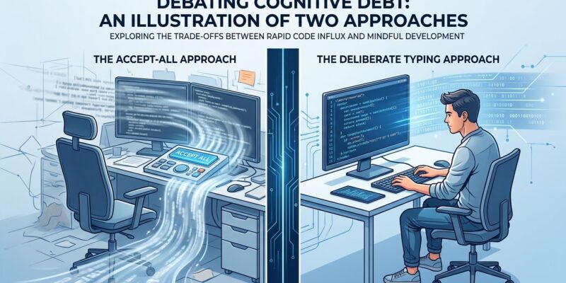 Developer retyping LLM-generated code deliberately versus accepting AI output blindly — split-screen visualization of cognitive debt
