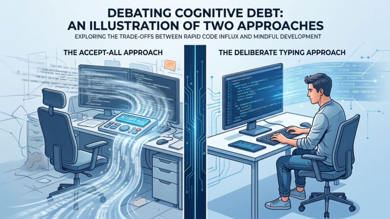 Developer retyping LLM-generated code deliberately versus accepting AI output blindly — split-screen visualization of cognitive debt