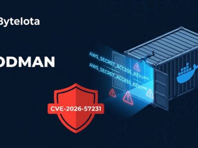 Container with environment variables leaking out, representing Podman CVE-2026-57231 security vulnerability