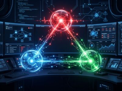 Three AI agent orbs representing red blue and green security agents in a cybersecurity control room