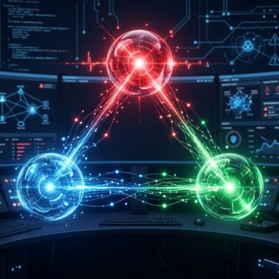 Three AI agent orbs representing red blue and green security agents in a cybersecurity control room
