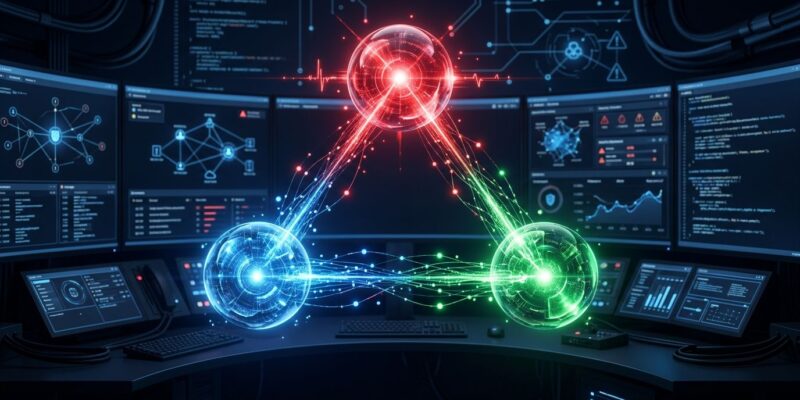 Three AI agent orbs representing red blue and green security agents in a cybersecurity control room
