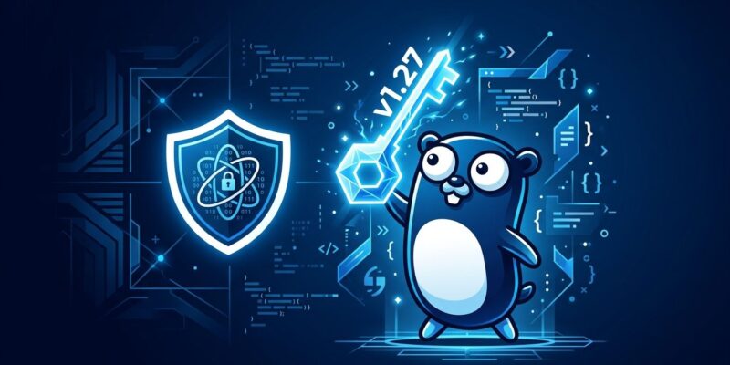 Go 1.27 gopher mascot with generic methods and post-quantum cryptography visualization