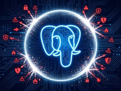 PostgreSQL elephant mascot surrounded by a protective shield deflecting security vulnerabilities, representing the PostgreSQL 18.4 security patch