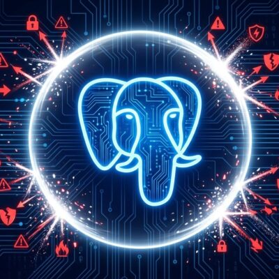 PostgreSQL elephant mascot surrounded by a protective shield deflecting security vulnerabilities, representing the PostgreSQL 18.4 security patch