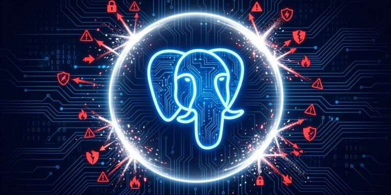 PostgreSQL elephant mascot surrounded by a protective shield deflecting security vulnerabilities, representing the PostgreSQL 18.4 security patch