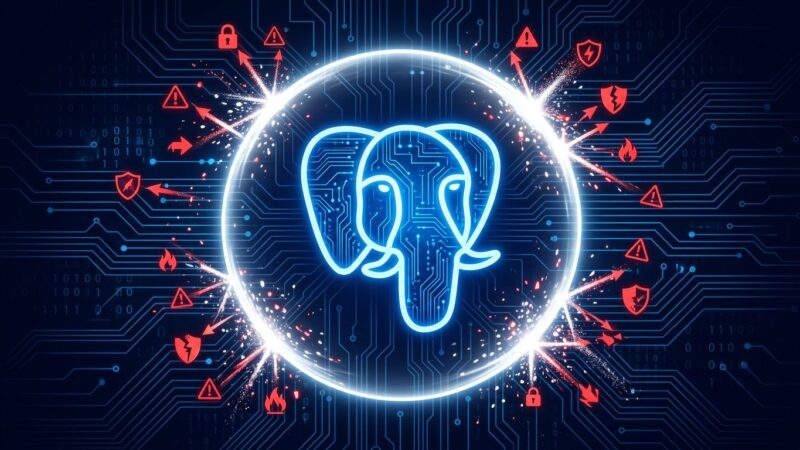 PostgreSQL elephant mascot surrounded by a protective shield deflecting security vulnerabilities, representing the PostgreSQL 18.4 security patch
