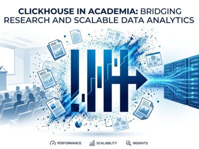 ClickHouse Labs logo with academic and server imagery representing Andy Pavlo joining ClickHouse as VP of Database Research