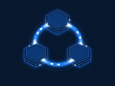 Three interconnected hexagonal nodes representing Node.js crypto backends connected by ring-buffer data streams
