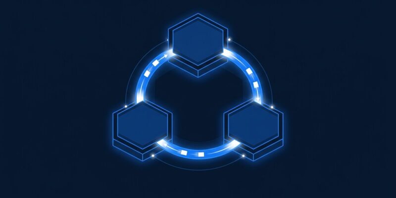Three interconnected hexagonal nodes representing Node.js crypto backends connected by ring-buffer data streams