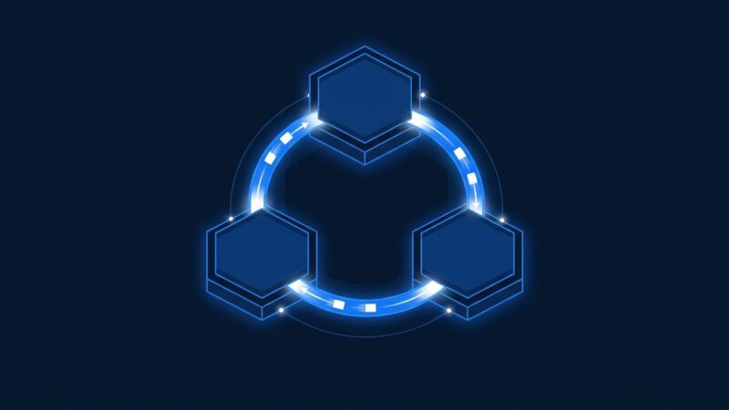 Three interconnected hexagonal nodes representing Node.js crypto backends connected by ring-buffer data streams