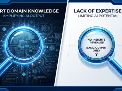 Split-screen illustration showing expert versus novice AI prompting — magnifying glass revealing deep circuit details on left, plain surface on right