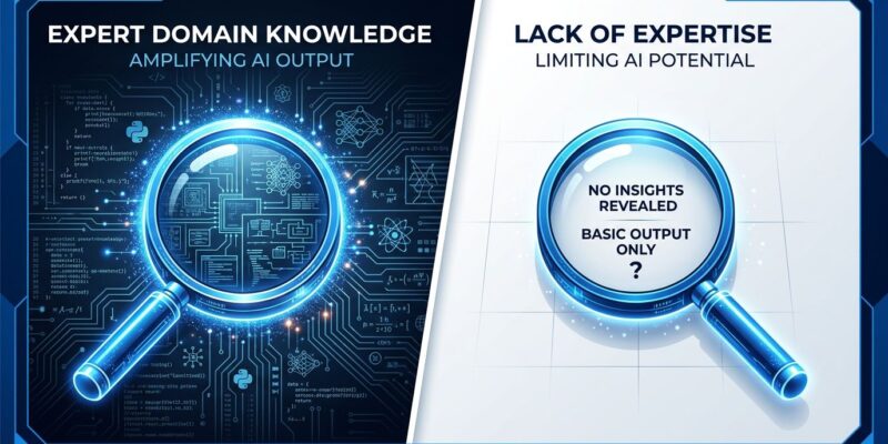 Split-screen illustration showing expert versus novice AI prompting — magnifying glass revealing deep circuit details on left, plain surface on right