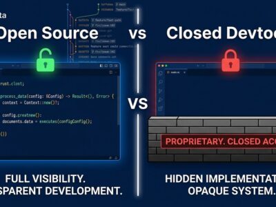 Split-screen comparison of open source devtools with visible source code versus closed devtools with locked access, illustrating the open source advantage in the AI era