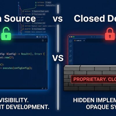 Split-screen comparison of open source devtools with visible source code versus closed devtools with locked access, illustrating the open source advantage in the AI era