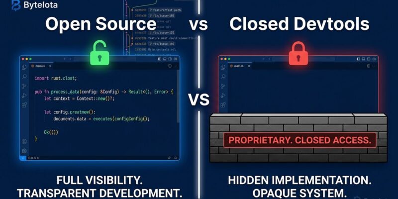 Split-screen comparison of open source devtools with visible source code versus closed devtools with locked access, illustrating the open source advantage in the AI era