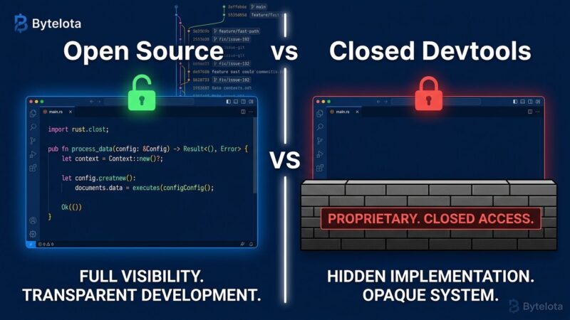 Split-screen comparison of open source devtools with visible source code versus closed devtools with locked access, illustrating the open source advantage in the AI era