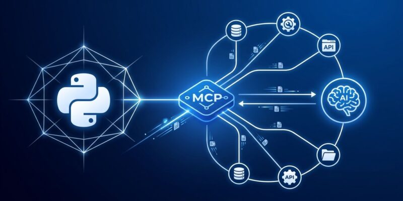 Python MCP server diagram showing tool connections and data flow between AI agent and external services