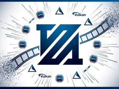 FFmpeg 9.0 Lei logo with GPU chip icons and Vulkan triangle symbols representing the new hardware acceleration features