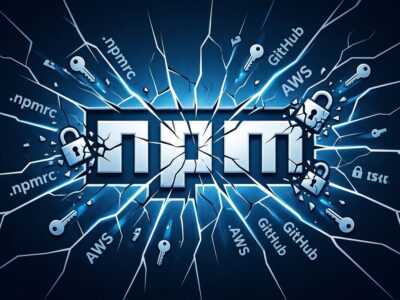 Shattered npm logo with credentials escaping through cracks, representing the Keyv supply chain attack